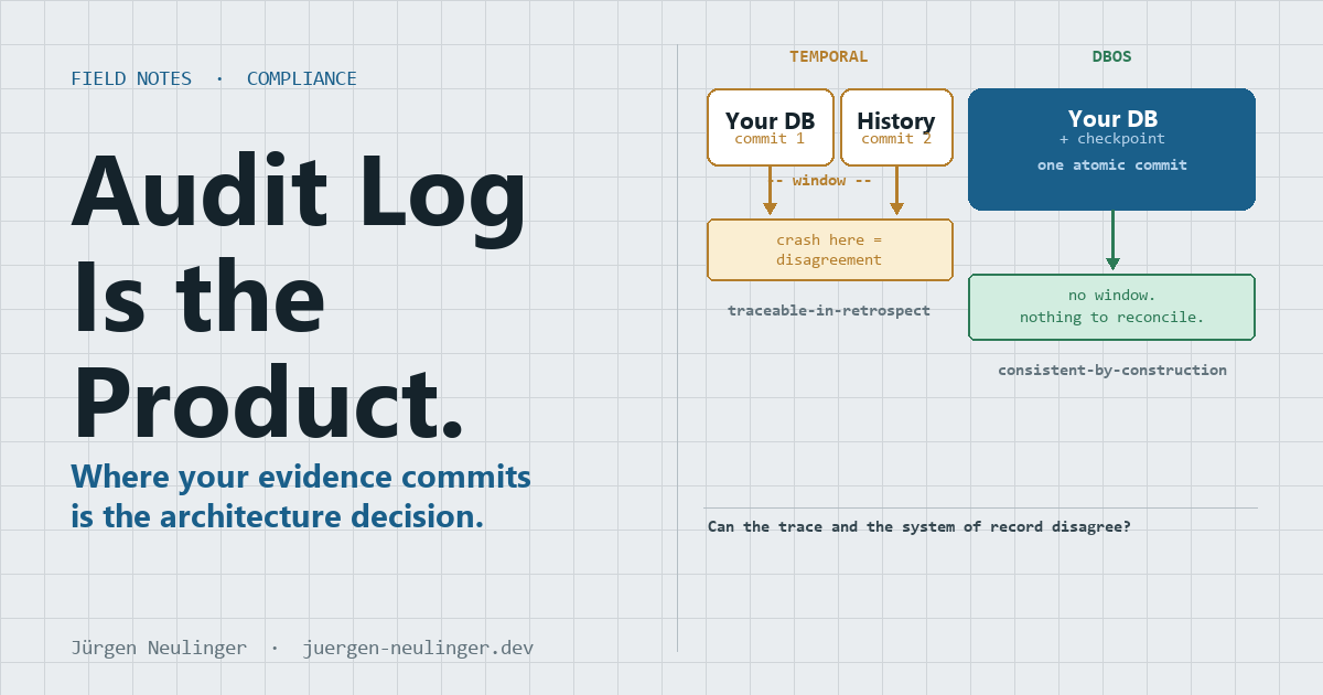 Diagram comparing Temporal (two separate commits with a crash window) and DBOS (one atomic commit in the same database) as durable execution engines for regulated AI workflows